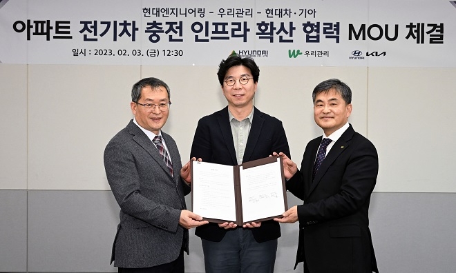 (왼쪽부터) 최재홍 현대엔지니어링 자산개발영업실장, 정규원 현대자동차 EV인프라전략실장, 김영복 우리관리 사장. 제공=현대차.