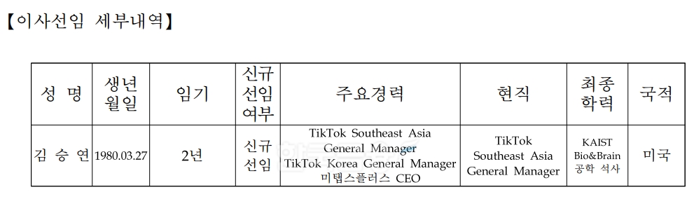 토스증권(대표 오창훈)의 이사 선임 세부 내역./자료=토스증권 누리집