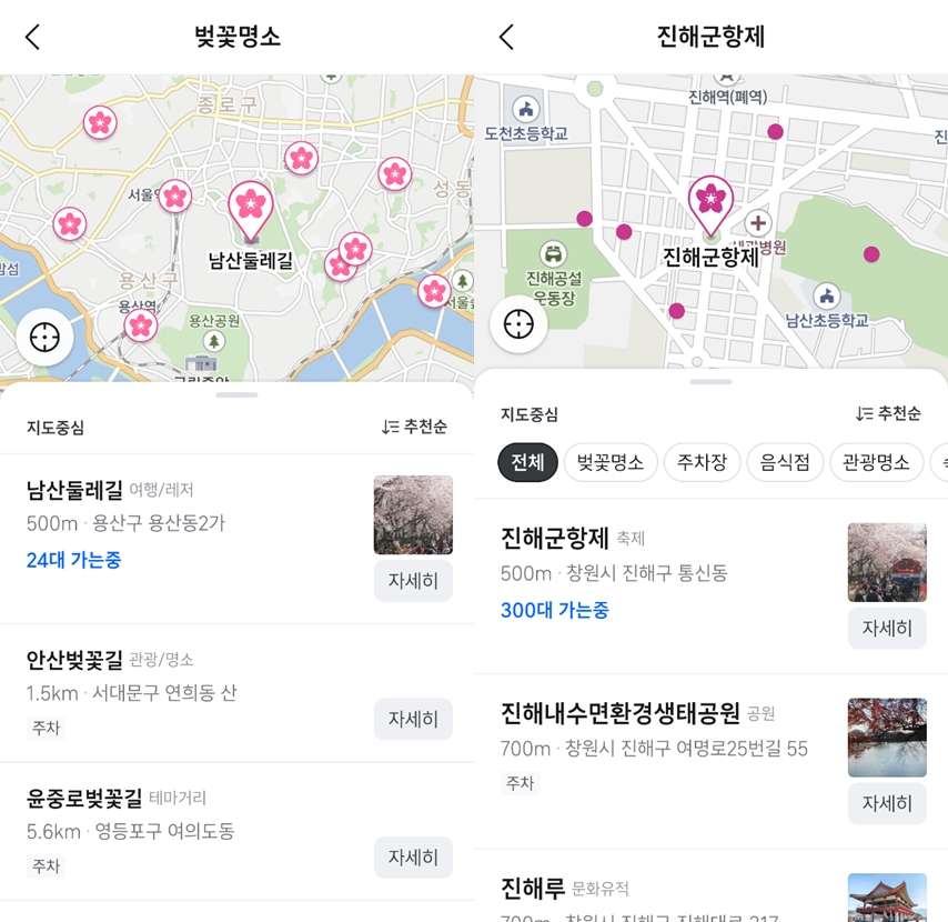 티맵모빌리티가 T지금을 통해 '벚꽃 명소' 테마를 제공한다. 사진=티맵모빌리티
