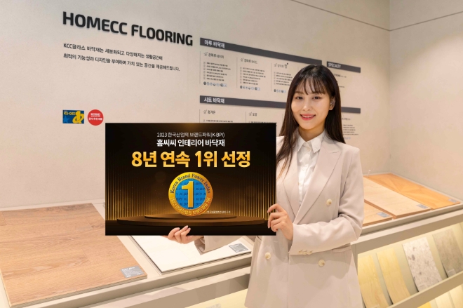 KCC글라스(대표이사 김내환)는 자사의 홈씨씨 인테리어 바닥재가 한국능률협회컨설팅(KMAC)이 주관하는 ’2023년 한국산업의 브랜드파워(K-BPI)’ 조사에서 가정용 바닥재 부문 8년 연속 1위에 이름을 올렸다. /사진=KCC글라스.