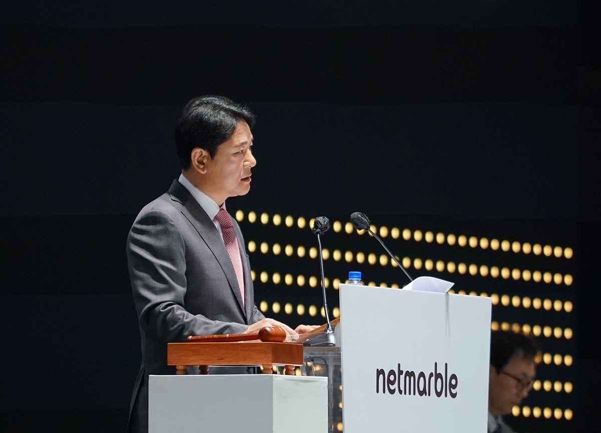 권영식 넷마블 대표가 29일 서울 구로구에 위치한 신사옥에서 개최된 정기 주주총회에서 발언하고 있다. / 사진제공=넷마블