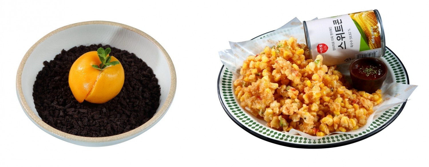 CJ프레시웨이가 맞춤형 메뉴 컨설팅을 통해 ‘탄광맥주’에 제안한 신메뉴 탄광복숭아(좌), 초당콘튀김(우)가 신메뉴로 출시됐다./ 사진 = CJ프레시웨이