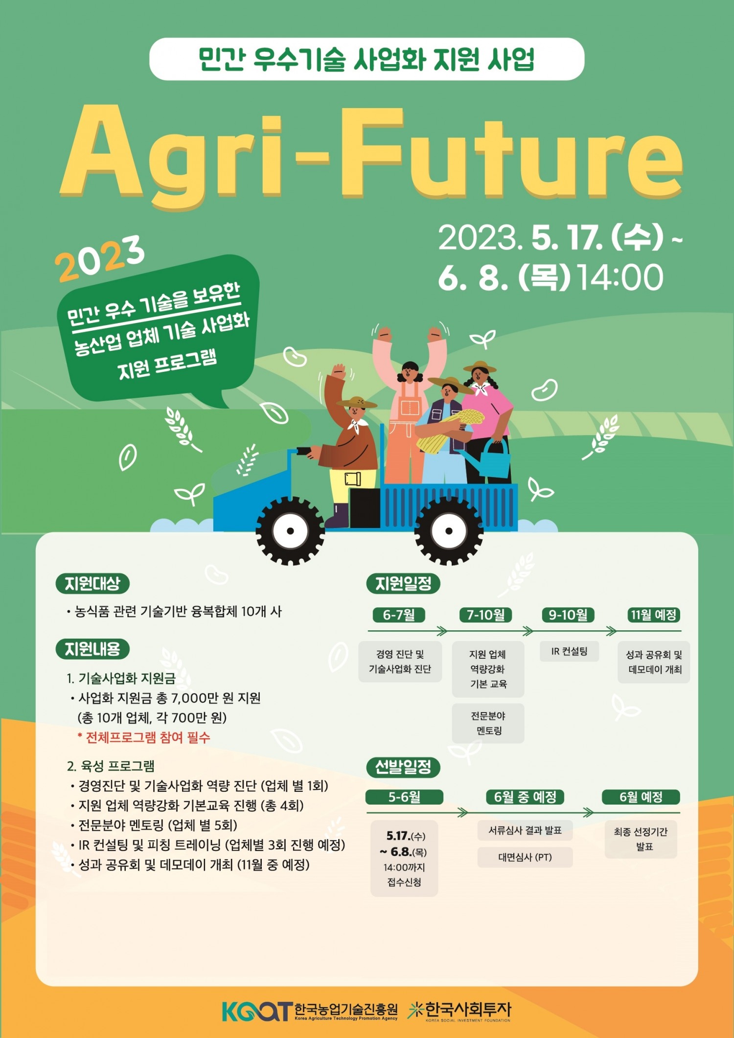 한국사회투자(대표 이종익, 이순열)와 한국농업기술진흥원(원장 안호근)이 민간 우수 기술을 보유한 농산업 업체를 육성하기 위해 ‘2023년 민간 우수기술 사업화 지원사업 Agri-Future(애그리퓨처)’의 참여 업체를 모집한다고 17일 밝혔다.(2023.05.17.)./사진제공=한국사회투자