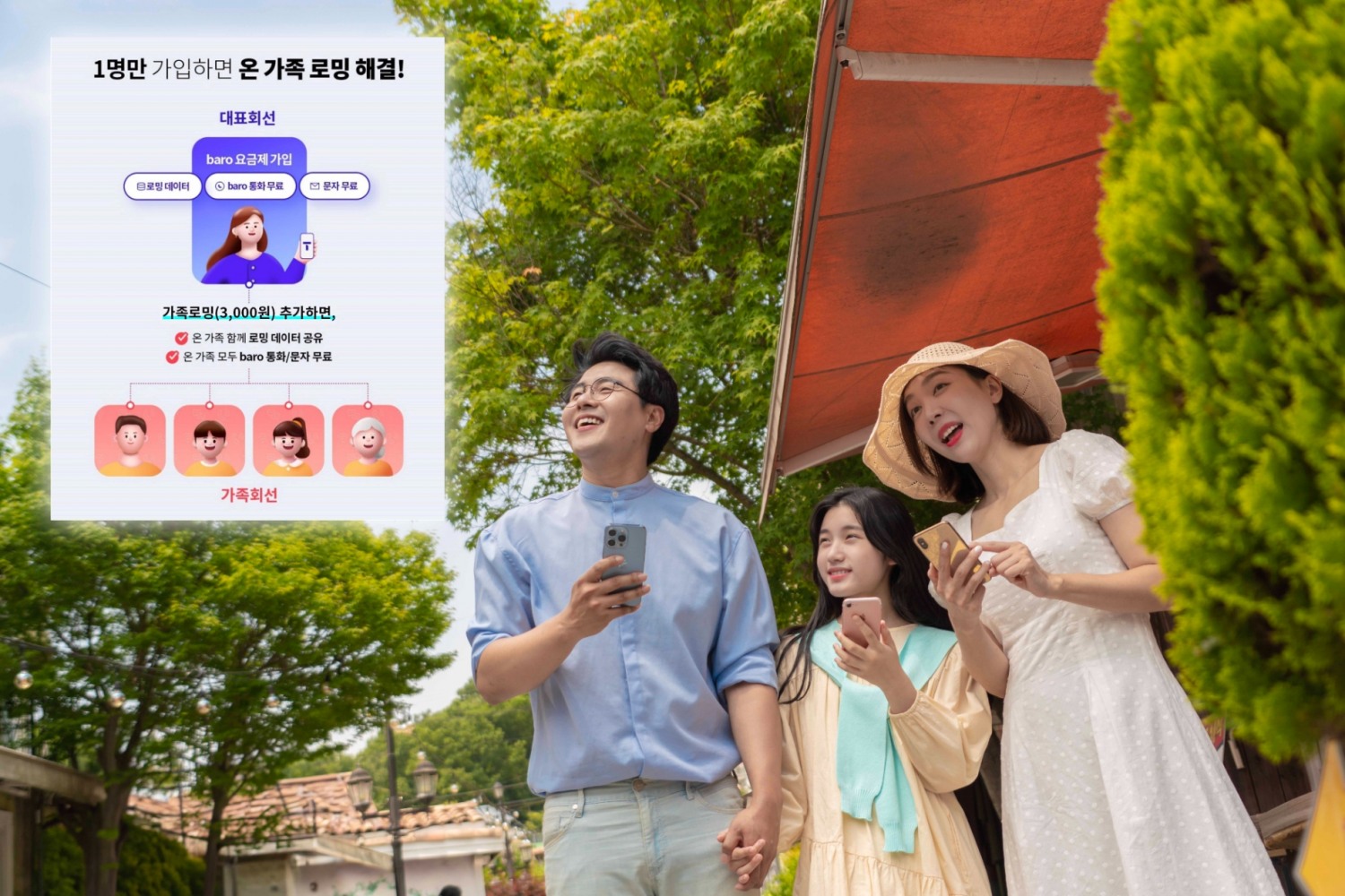 SK텔레콤은 오는 29일부터 12월28일까지 6개월간 가족이 함께 여행을 갈 경우 한 명만 로밍 상품인 baro 요금제에 가입하면 온가족이 함께 데이터를 이용하는 ‘가족로밍 프로모션’을 시행한다. 사진 제공=SK텔레콤