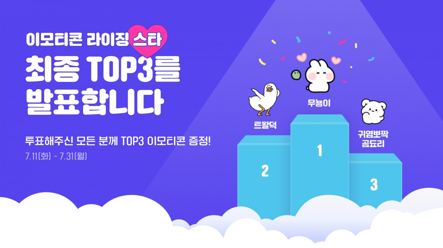 카카오가 카카오톡 이모티콘 라이징 스타 프로모션 결과를 발표했다. 1위 '무뇽이', 2위 '트왈덕', 3위 '귀염뽀짝 곰됴리'가 이름을 올렸다. / 사진제공=카카오