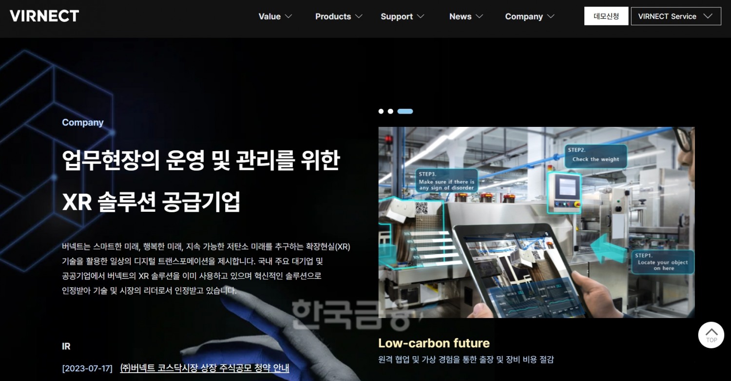 확장 현실(XR‧eXtended Reality) 기술 기업인 버넥트(대표 하태진)가 2023년 7월 17일부터 이틀간 시행한 일반투자자 대상 공모주 청약 시행 결과, 최종 경쟁률 1311.65:1을 기록했다./사진=버넥트 누리집 갈무리