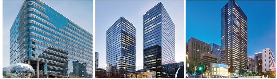 (왼쪽부터) 그레이츠판교 / 사진제공= 신한알파리츠, 벨기에 갤럭시타워 / 사진제공= KB스타리츠, SK서린빌딩 / 사진제공= SK리츠.