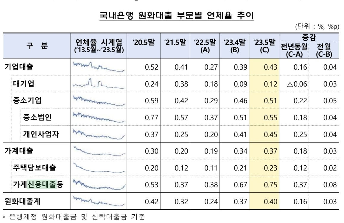 지난 5월 국내은행의 원화대출 부문별 연체율 추이./사진제공=금융감독원