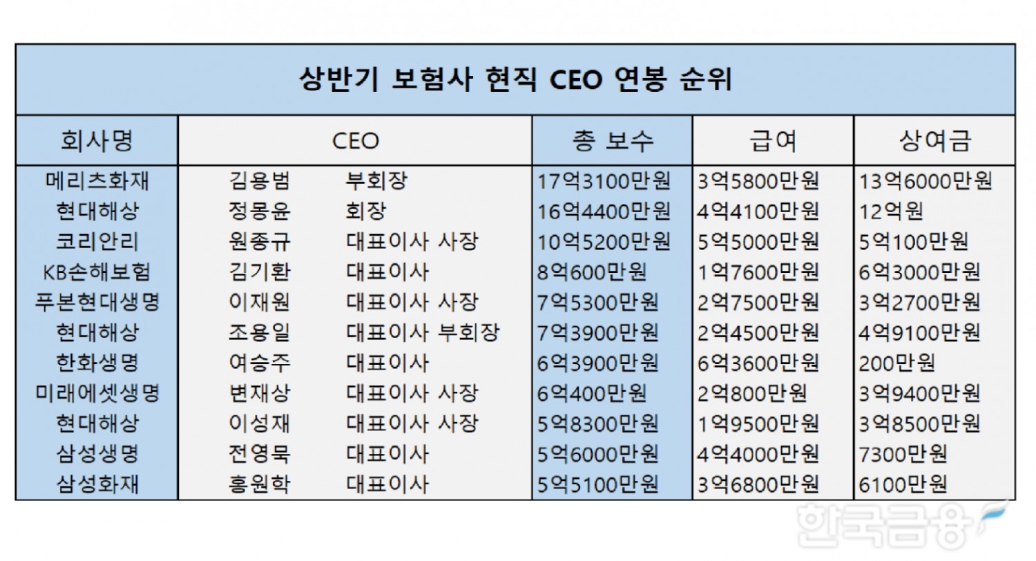 상반기 보험사 현직 CEO 연봉 순위. 자료=각 사 반기보고서