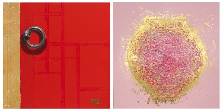 좌) 방복희, 門, 2023, 장지위에 먹,분채,oi, 40x40㎝.우) 오 정, 달항아리_담다, 2023, 캔버스.아크릴.자개.금, 50×50㎝