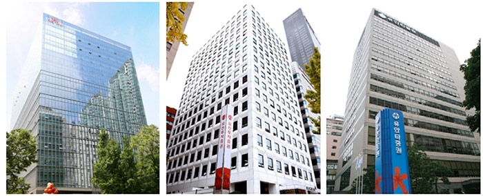 ▲ 왼쪽부터 SK증권, 유진투자증권, 유안타증권 본사 전경. 자료제공 = 각사