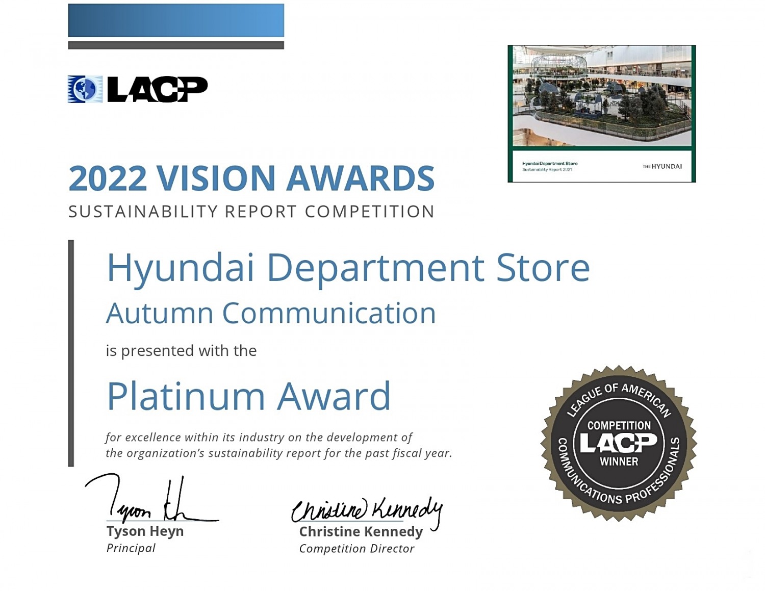 현대백화점은 미국 커뮤니케이션 연맹이 주관하는 '2022 비전 어워드'에서 지속가능보고서 부문 대상을 수상했다. /사진제공=현대백화점