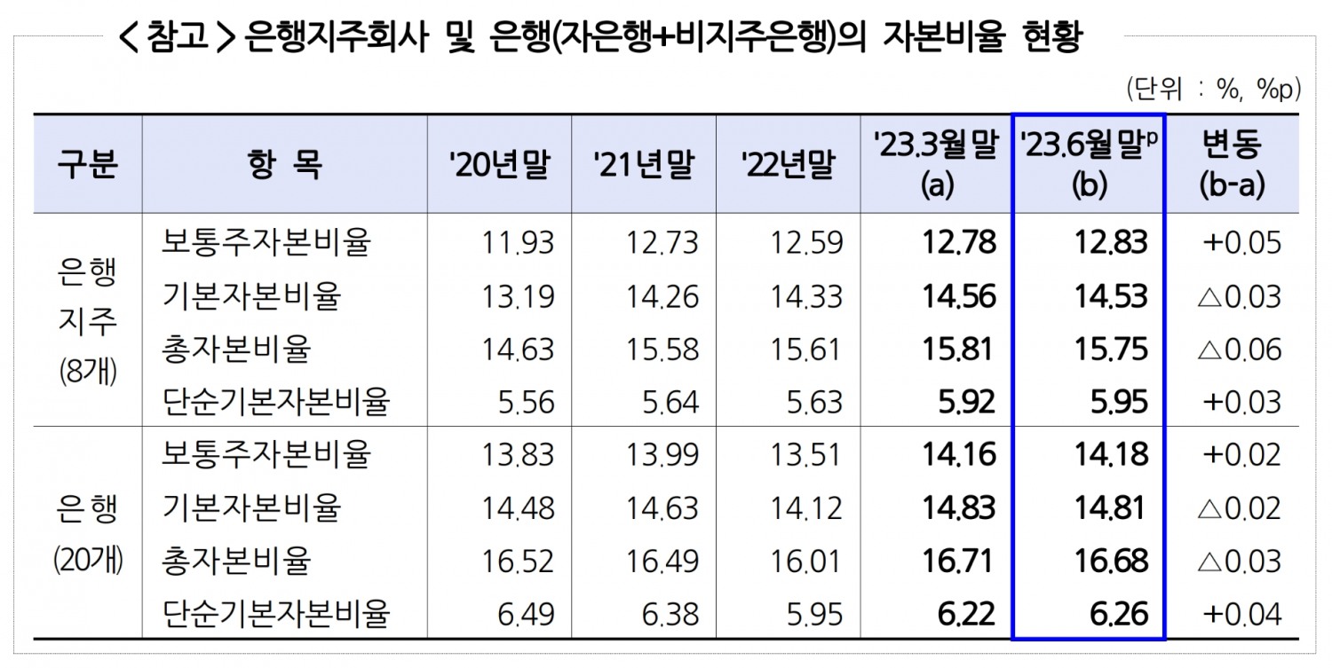 은행지주 및 은행의 자본비율 현황. /자료제공=금융감독원