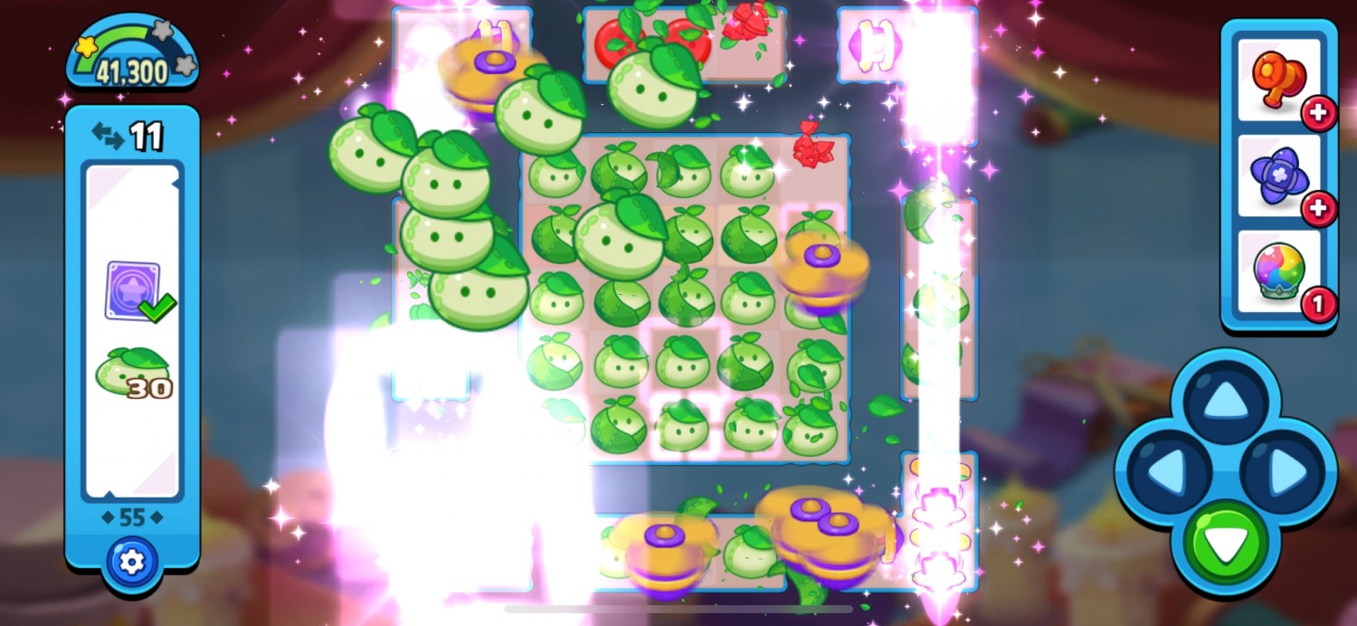 드래그를 통해 특수 아이템끼리 모으면 추가적인 파괴 효과가 발생한다. 화려한 그래픽으로 게임 플레이 쾌감을 배가시킨다. / 사진=퍼즈업 아미토이 앱 갈무리