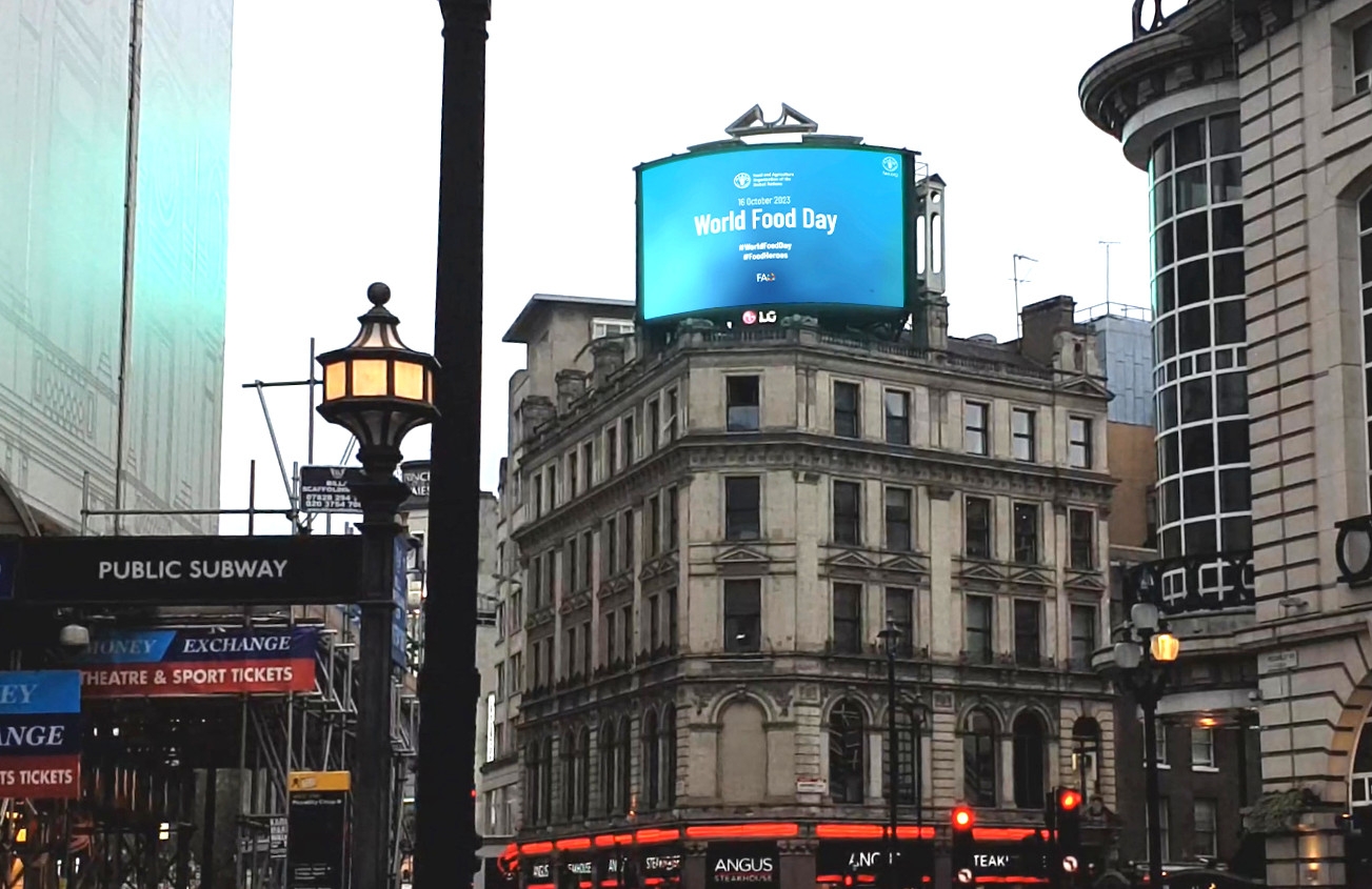 LG전자가 미국 뉴욕 타임스스퀘어와 영국 런던 피카딜리광장에 있는 옥외전광판에서 세계 식량의 날 캠페인 영상을 상영한다./사진제공=LG전