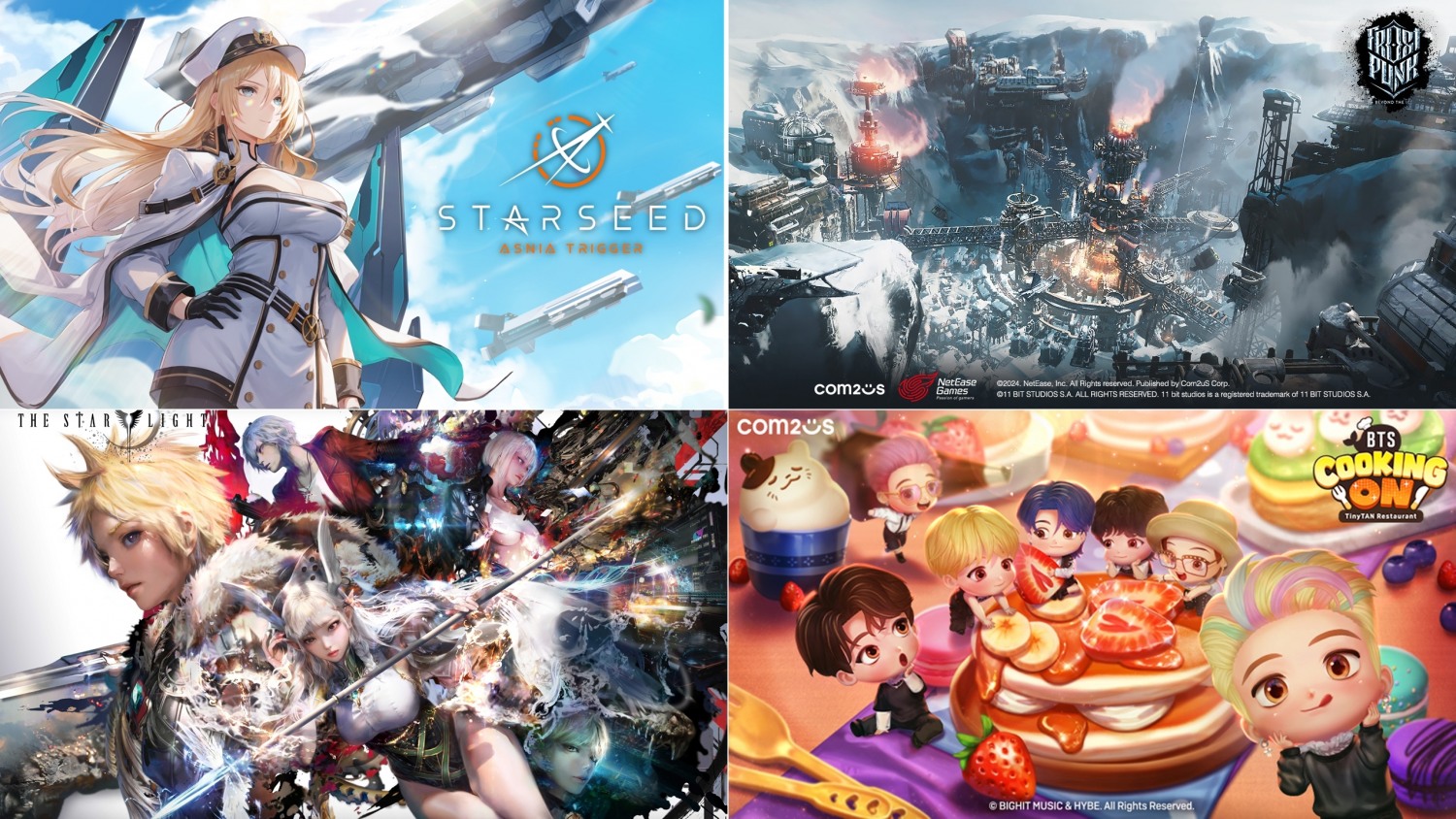 컴투스가 글로벌 퍼블리싱 역량을 강화해 대작 파이프라인 구축에 나선다. (왼쪽 상단부터 시계 방향으로) 스타시드: 아스니아 트리거, 프로스트 펑크: 비욘드 더 아이스, BTS 쿠킹온: 타이니탄 레스토랑, 더 스타라이트 대표 이미지. / 사진제공=컴투스