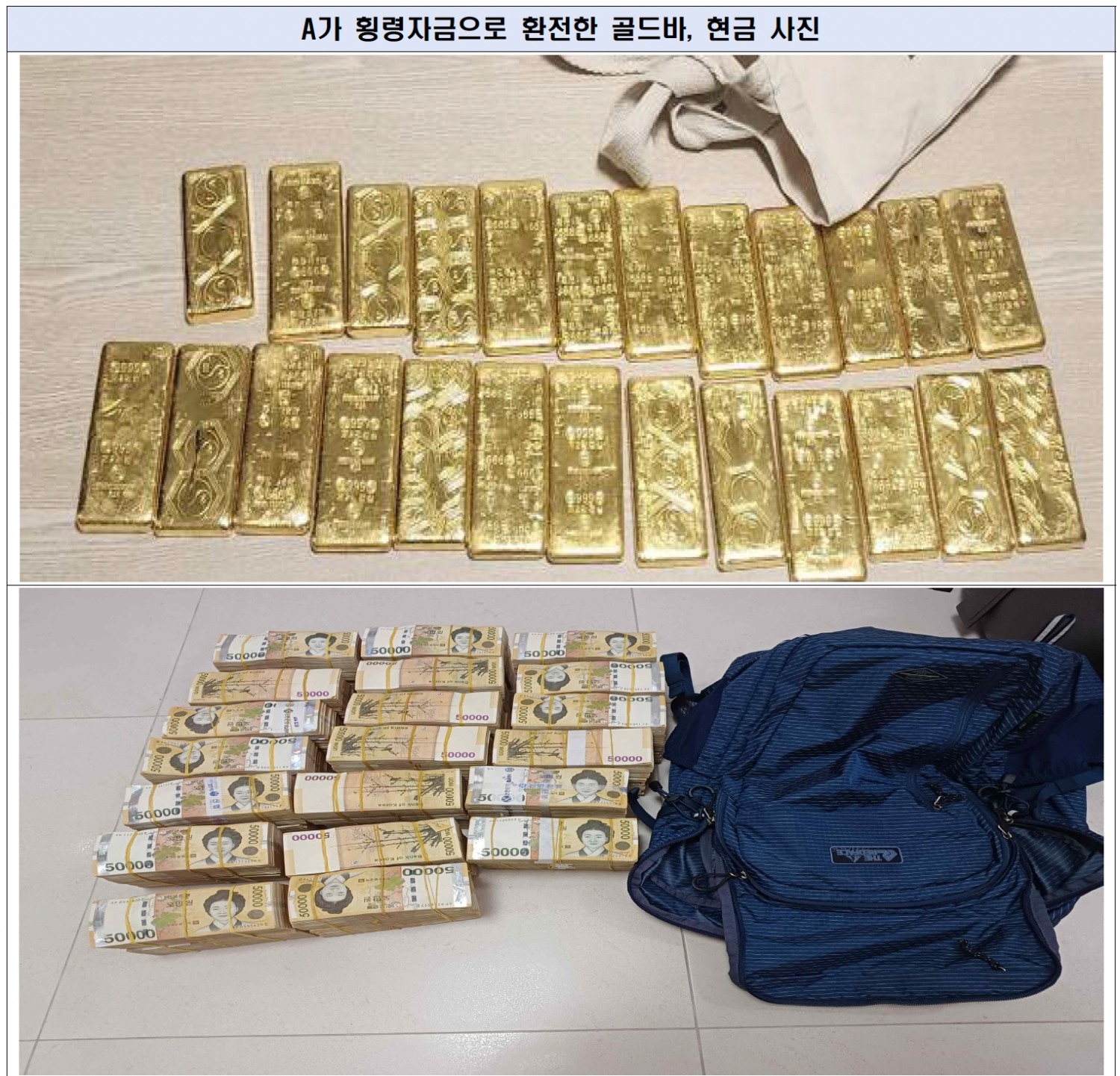 검찰이 확보한 경남은행 직원이 횡령자금으로 환전한 골드바와 현금 사진. /사진제공=검찰