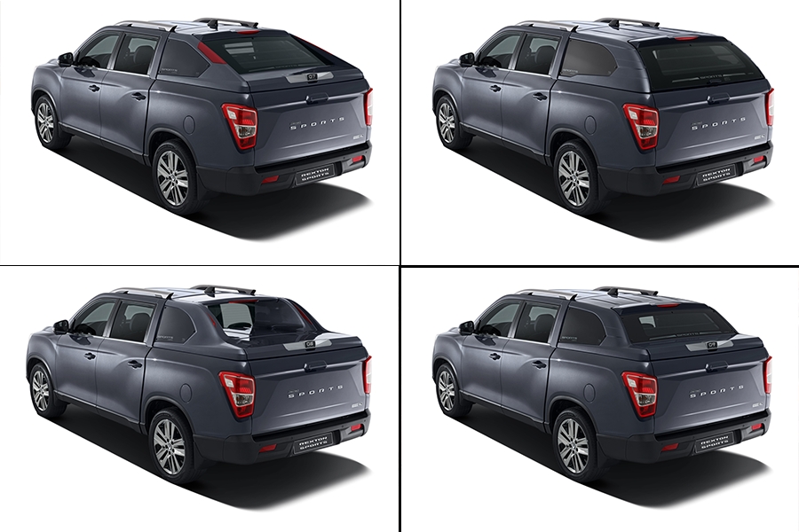 KGM 렉스턴스포츠 데크탑 커스터마이징 옵션 (왼쪽위부터 시계방향) 엣지탑, 하드탑, 쿠페탑, 하프탑.