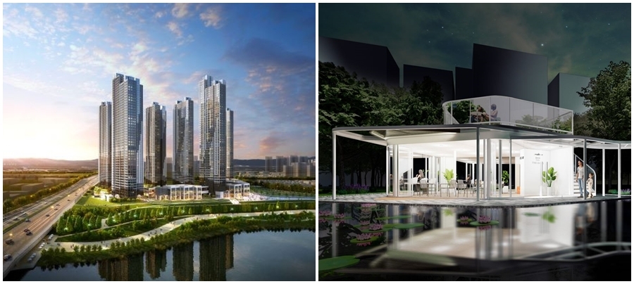 고양 장항 카이브 유보라 단지투시도 (왼쪽), 청주 테크노폴리스 아테라에 적용될 예정인 '디 오이시스' 티하우스 (오른쪽) / 사진제공=각 사
