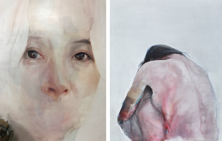 좌.)묵언수행. oil on canvas. 90.9x72.7cm, 2020 / 우)등을 보이다. oil on canvas. 90.9x72.7cm. 2019