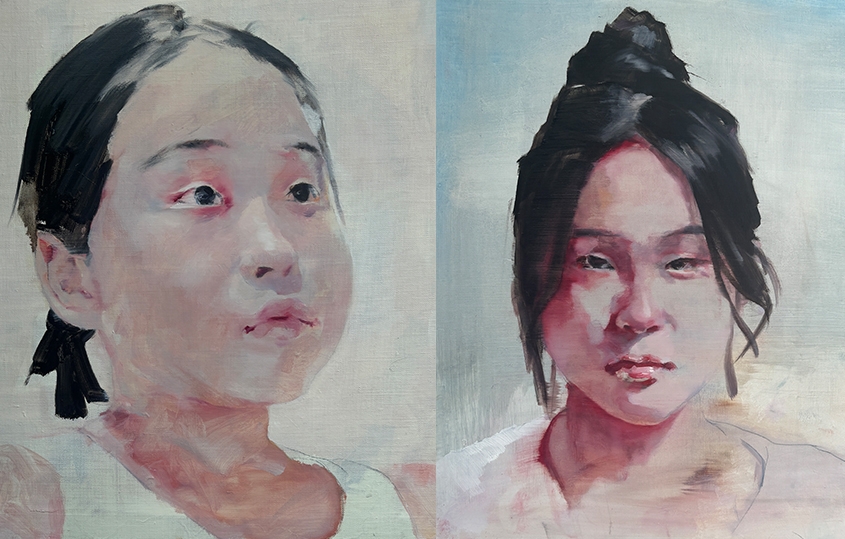 좌) 응시, oil on canvas. 53.0x45.5cm. 2024 / 우) 쳐다본다는거. oil on canvas. 53.0x45.5cm. 2024