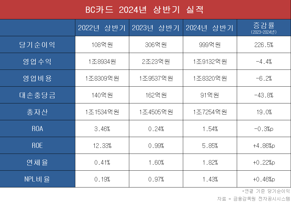 BC카드 2024 상반기 실적 표/표=김하랑 기자