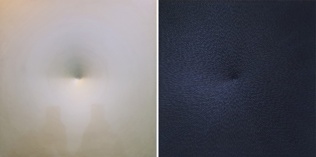 좌) 백공_2023, 한 점으로 말하다, 보조개 캔버스에 혼합재료, 90x90 cm.우) 백공_한 점으로 말하다, 2024, 보조개 캔버스에 혼합재료, 90x90 cm.