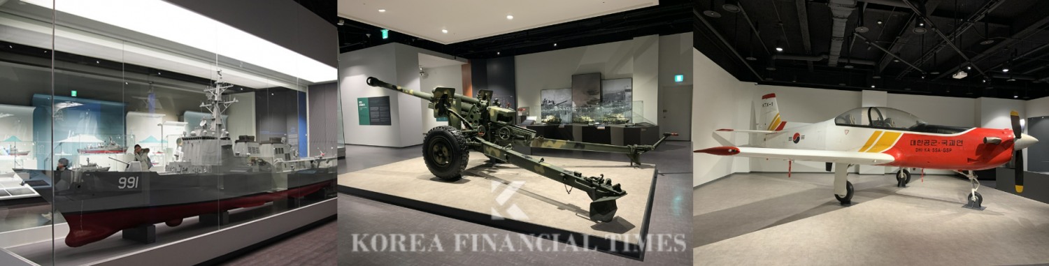 (왼쪽부터) 세종대왕함 축소모형과 KH-178 105mm 곡사포, KT-1 훈련기. / 사진 제공=전쟁기념관