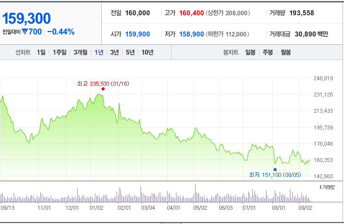 네이버 최근 1년간 주가 추이. / 사진=네이버페이 증권 페이지