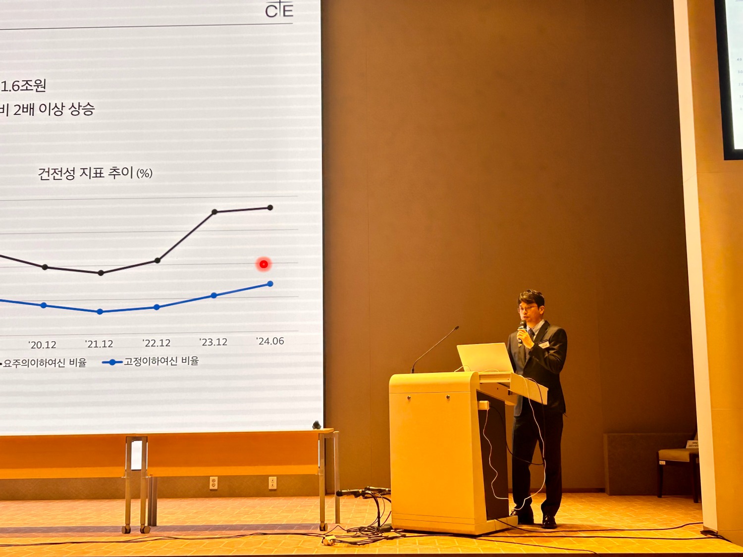 26일 김성진 나이스신용평가 금융평가본부 수석연구원이 서울 여의도 한국거래소에서 열린 '나이스 크레딧 이슈 세미나 2024' 발표를 진행하고 있다. / 사진= 김하랑 기자