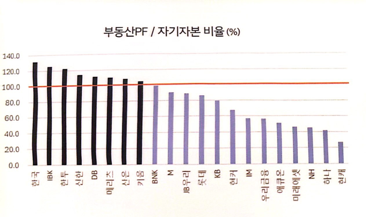 나이스신용평가가 평가하는 국내 캐피탈사 21곳의 자기자본 대비 부동산 PF 비율 표 / 자료 = 나이스신용평가