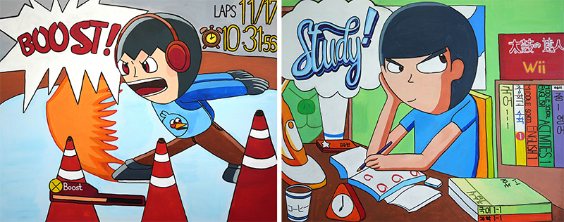 좌) 김승현, 2024, 빙판위에서 초스피드로, Acrylic, 90.9 x 72.7 cm / 우) 김승현, 2024, 나의 하루, Acrylic, 90.9 x 72.7 cm