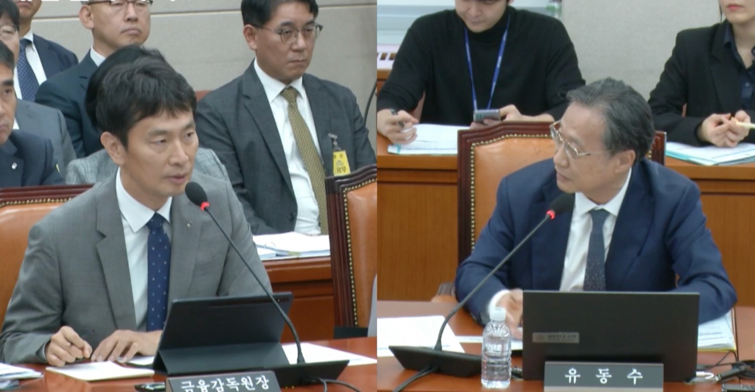 이복현 금융감독원장(왼쪽)이 17일 국회 정무위원회의 금감원 국정감사에서 유동수 더불어민주당 의원의 질의에 대해 답하고 있다./사진=국회 인터넷의사중계시스템 갈무리