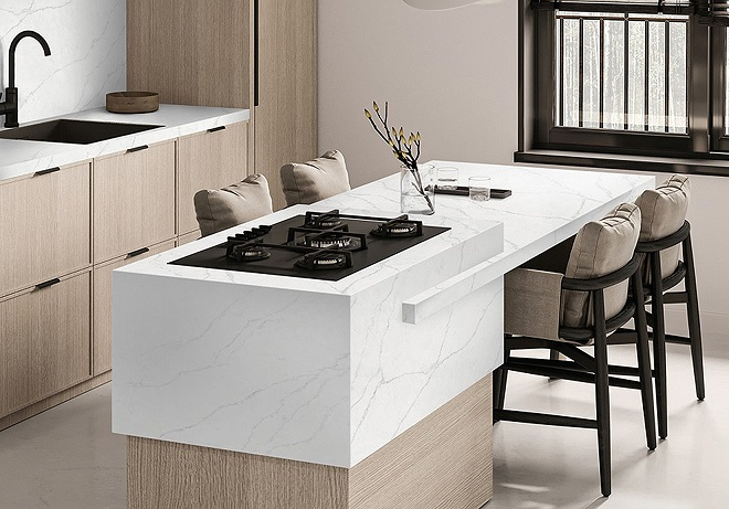 롯데케미칼 래디언스 라다크 컬러가 적용된 주방.