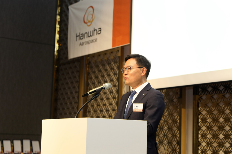 손재일 한화에어로스페이스 대표이사가 지난달 31일 개최된 '2024 협력사 총회 및 공정거래 협약식'에서 인사말을 하고 있다. /사진제공=한화에어로스페이스