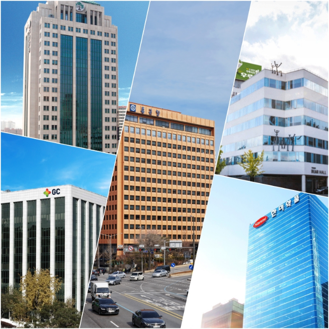 Headquarters of Yuhan Corporation, GC Bio, Daewoong Pharmaceutical, Chong Kun Dang, and Hanmi Pharmaceutical. /Photo courtesy of each company