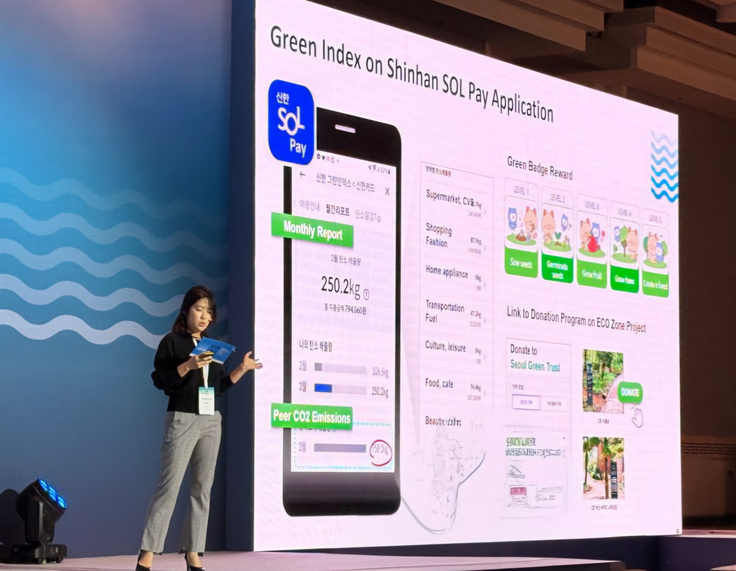 지난 4일 장영은 신한카드 Data Biz1팀 과장이 월드뱅크 'KGID 제주 컨퍼런스'에 참석해 신한카드 ESG 경영 및 '신한 그린인덱스' 등 데이터 기반 탄소중립 경영 사례를 공유하고 있다. / 사진 = 신한카드