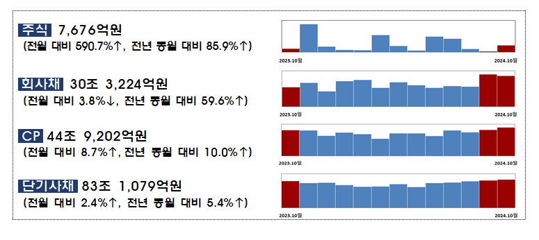 2024년 10월중 기업의 직접금융 조달실적 / 자료제공= 금융감독원(2024.11.18)