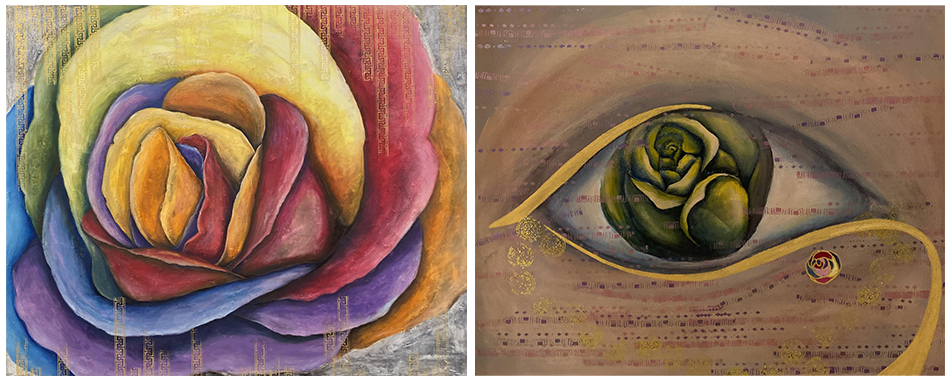 좌)김현정, 그 자리 그 시간, 2022, 천에 채색 혼합재료, 130x162cm, 우)김현정, Trial and Error 2, 2023, 천에 채색, 73x91cm