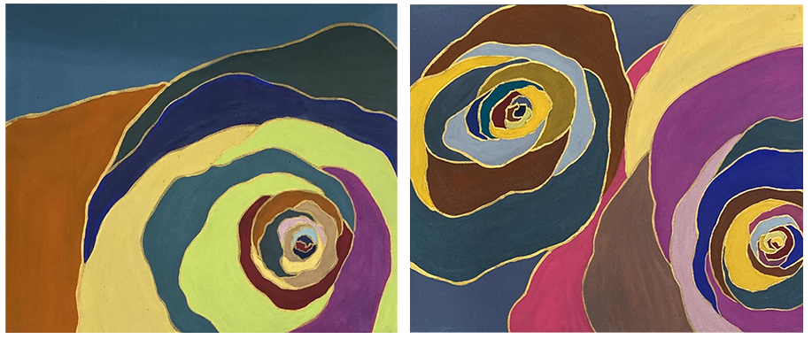 좌)김현정, Happy Breath 3, 2024, 천에 채색, 38x45cm, 우)김현정, Happy Breath 2, 2024, 천에 채색, 38x45cm