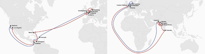 HMM이 내년 2월 신규 취항하는 TA1(Transatlantic 1) 노선과 INX(India North Europe Express) 노선. /사진=HMM
