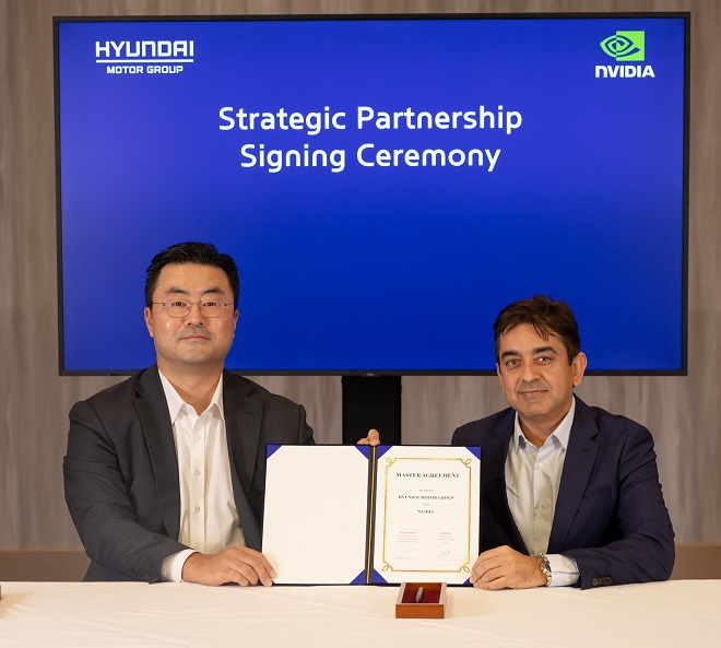 현대차그룹 GSO 본부장 김흥수 부사장(왼쪽)과 엔비디아 오토모티브 담당 리시 달 부사장. 사진=현대차그룹