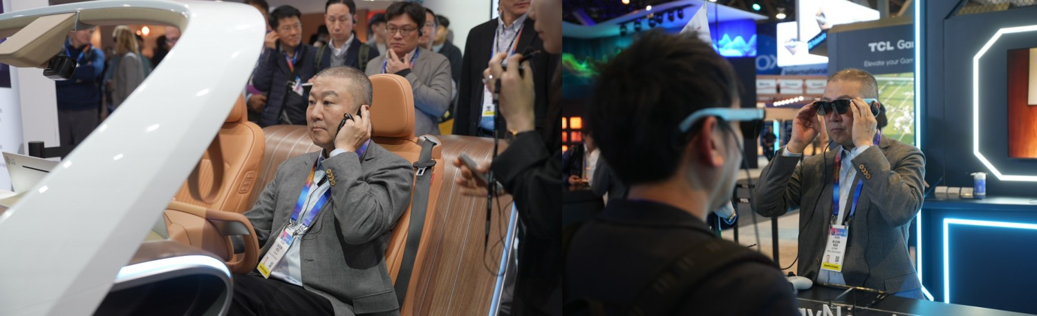 구자은 LS 회장이 9일(현지시간) 세계 최대 가전·정보기술(IT) 전시회 ‘CES 2025’가 열리는 미국 라스베이거스 센트럴홀을 방문해 LG전자 AI 기반 콘셉트 차량에 탑승해 인캐빈 센싱 설루션(왼쪽)과 TCL 스마트 글라스(오른쪽)를 체험하고 있다. /사진제공=LS그룹