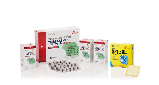 SK케미칼의 기넥신에프연질캡슐120mg, 트라스트패취 30매 제품 이미지. /사진=SK케미칼
