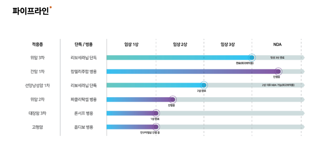 HLB그룹이 개발한 표적항암제 '리보세라닙'의 단독 및 병용 파이프라인. /사진=HLB 홈페이지 캡처