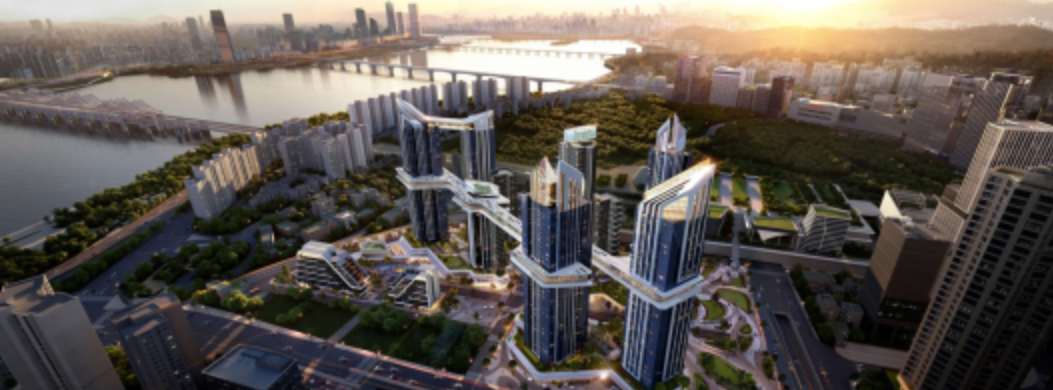 HDC현대산업개발이 용산 정비창전면1구역에 제안한 단지 조감도. 초대형 스카이 커뮤니티 브릿지가 포함돼 있다. / 사진제공=HDC현대산업개발