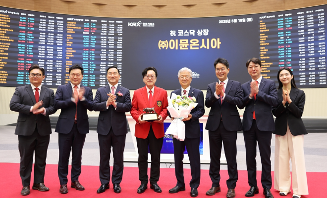 빨간색 자켓을 입고있는 김흥태 이뮨온시아 대표와 조욱제 유한양행 대표이사(김흥태 대표 오른쪽)가 19일 서울 영등포구 한국거래소에서 직원들과 함께 기념사진을 촬영하고 있다. /사진=이뮨온시아