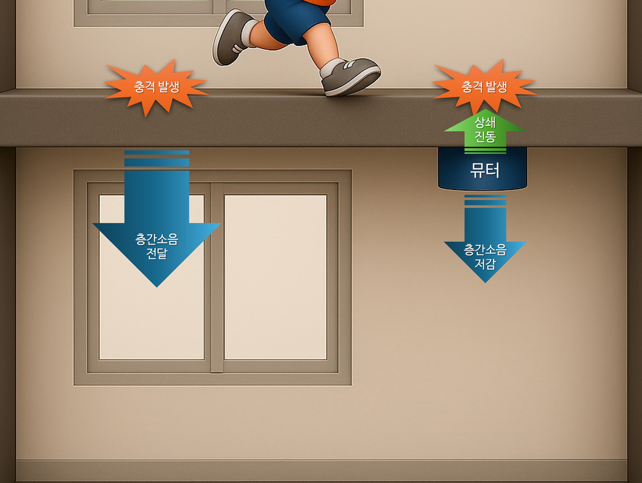 '뮤터' 적용 전 층간소음(왼쪽)과 적용 후 층간소음 원리 비교. / 자료제공=롯데건설