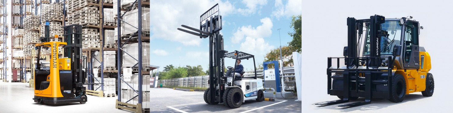 (왼쪽부터) HD현대사이트솔루션 무인·수소·전동 중형 지게차. /사진제공=HD현대사이트솔루션