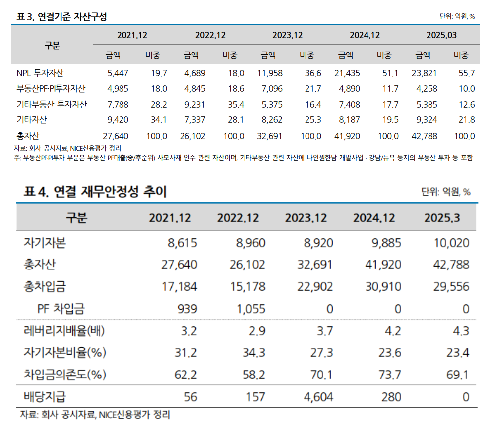 대신에프앤아이 연결기준 자산구성 표 및 연결 재무안정성 추이 표./자료 제공 = 나이스신용평가